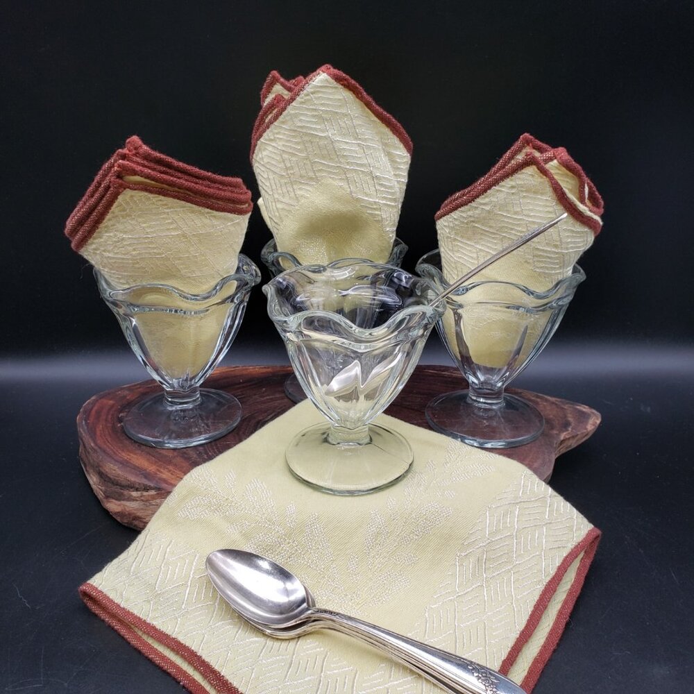 Vintage Ice Cream Sundae Set Anchor Hocking + Queen Bess Silverplate Spoons